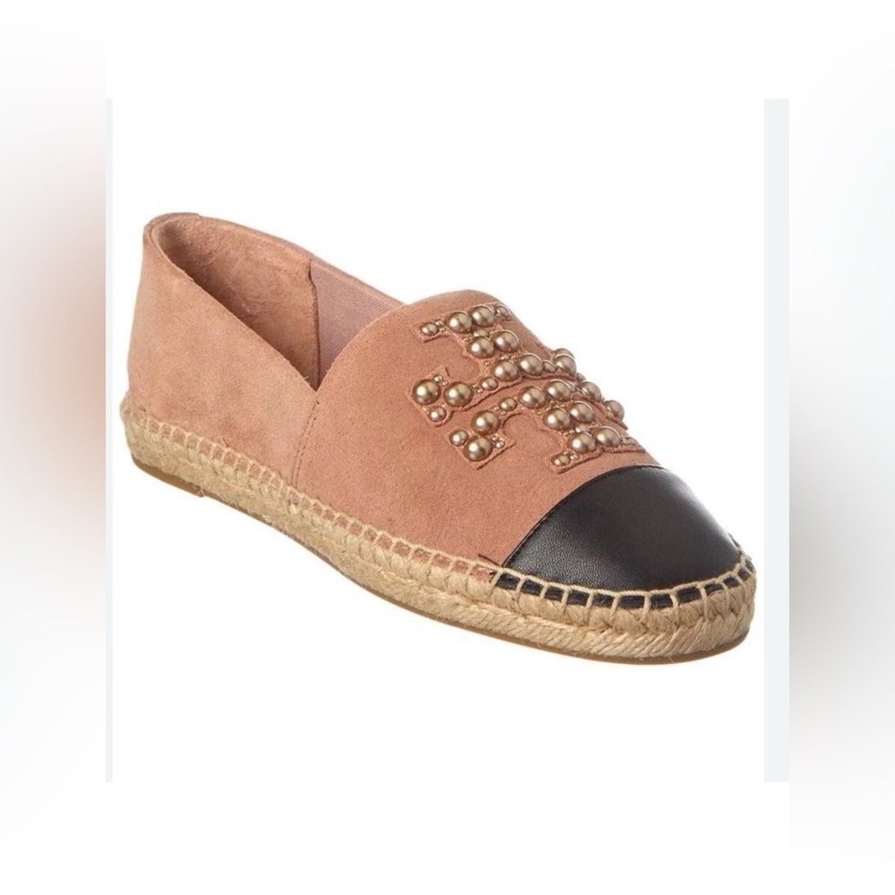 TORY BURCH Pearl Logo Flat Espadrille Suede-MEADOWSWEET Sz 9 - Picture 2 of 6
